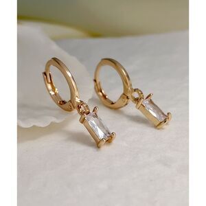 Emerald Cut Clear Cubic Zirconia Pendant Hoop Drop Earrings Gold Dangle Charm